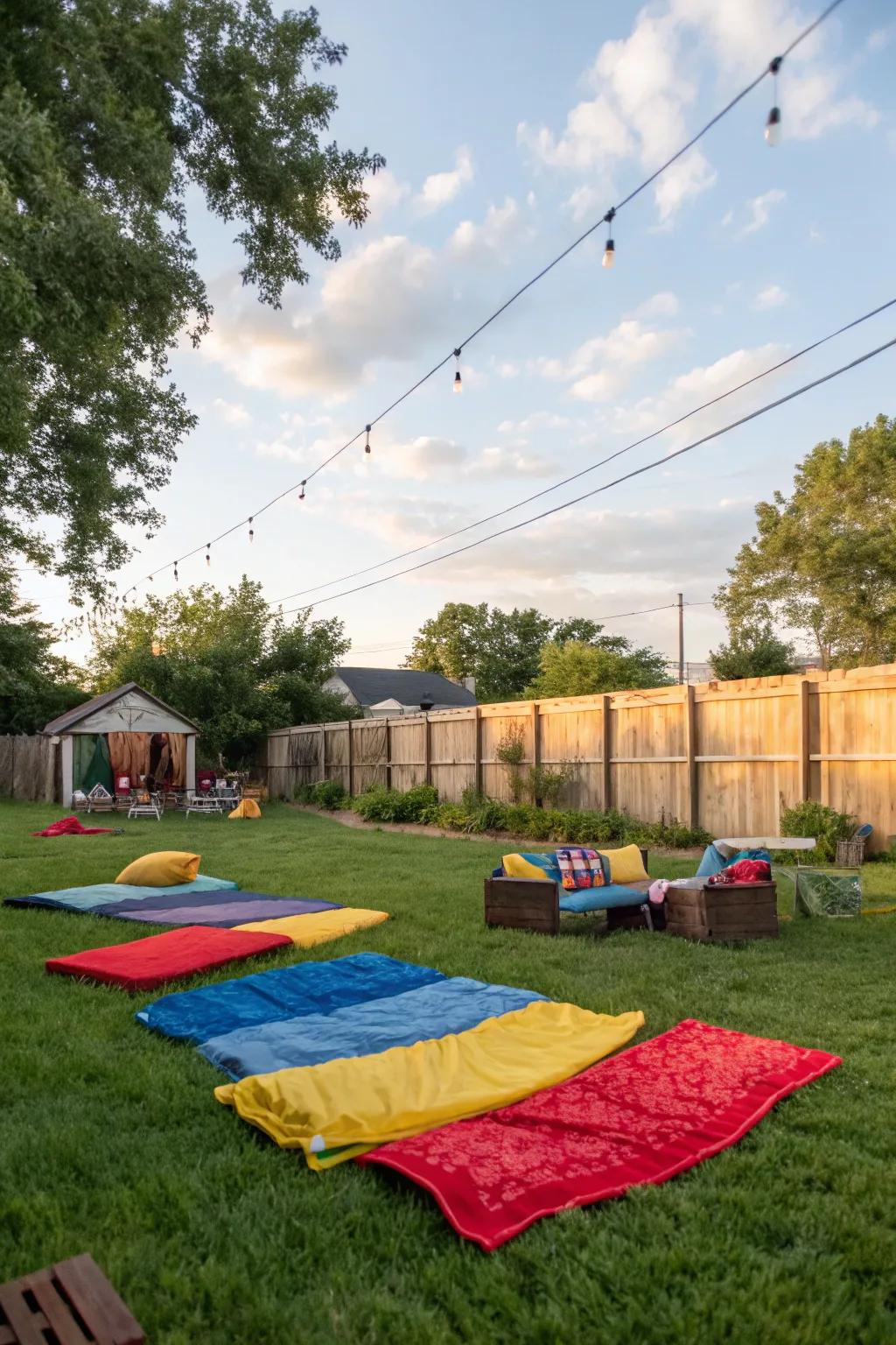 Funky blankets create a relaxed seating area