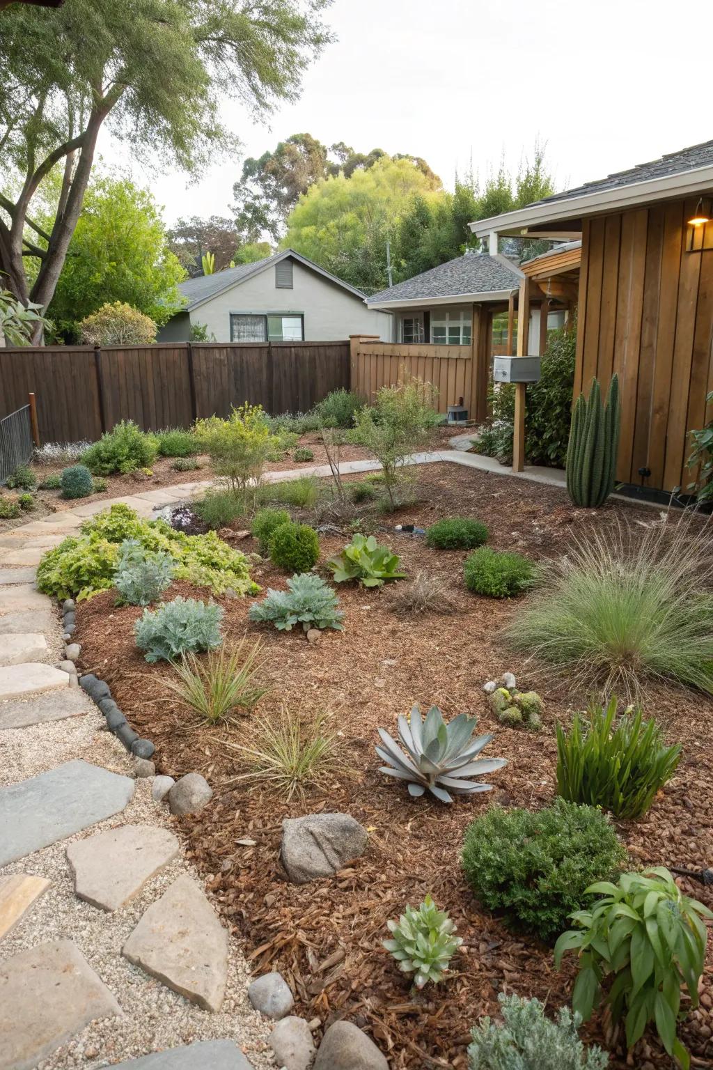 A drought-resistant garden utilizing mulch and efficient watering systems.