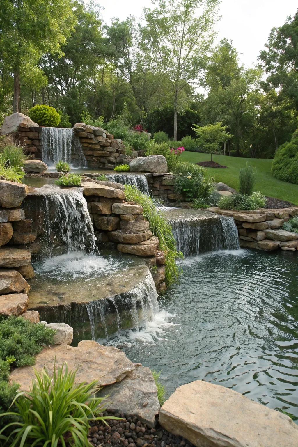 Multiple tiers add dynamic movement to your backyard waterfall.