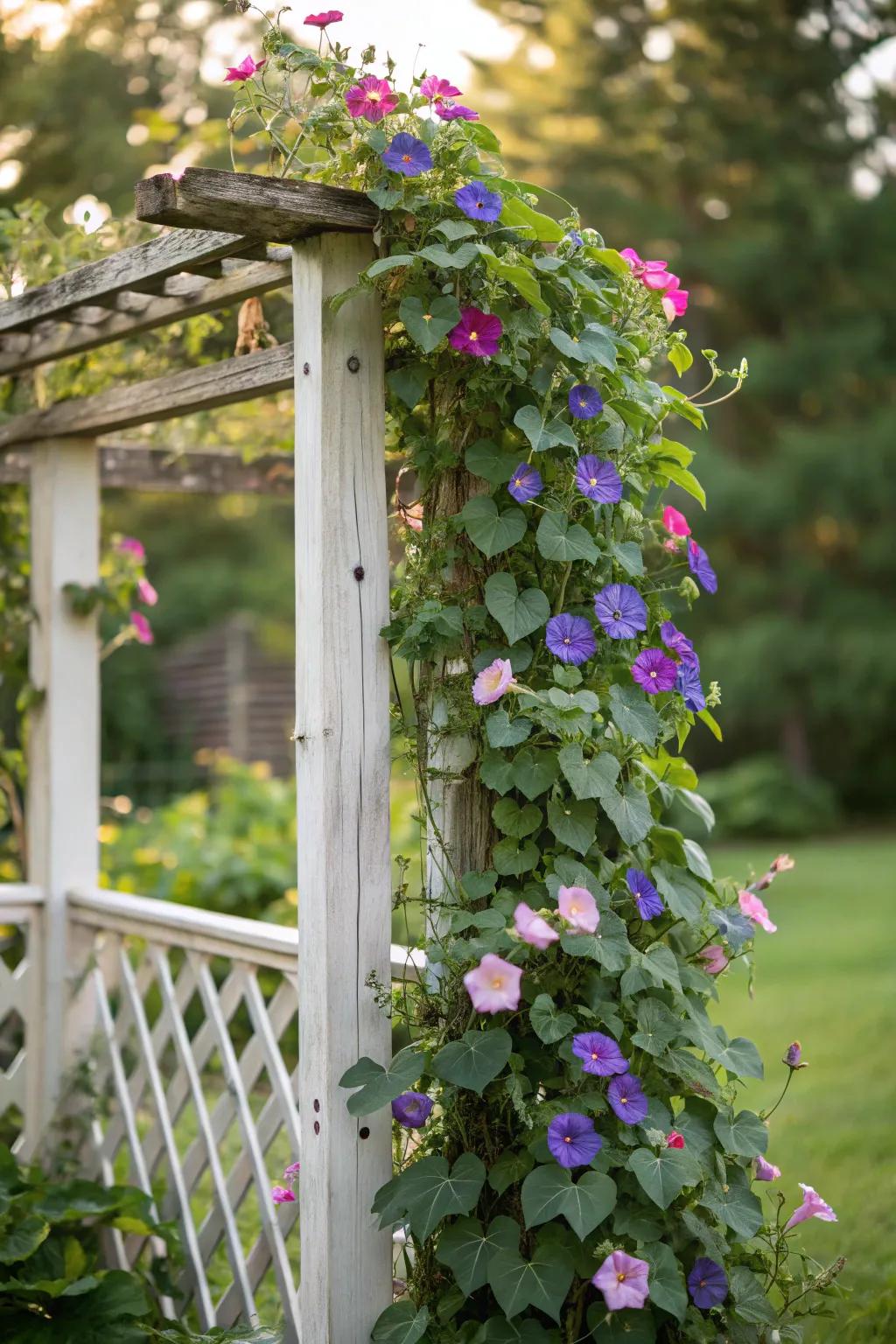Vertical interest with a trellis adorned in climbing flowers.