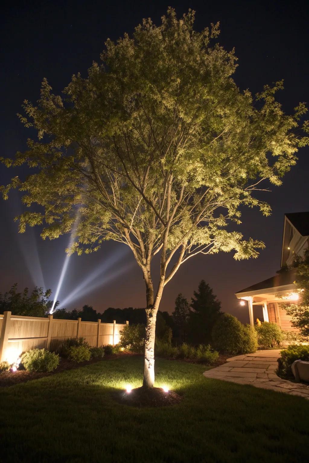 Spotlights on trees create dramatic and eye-catching silhouettes.