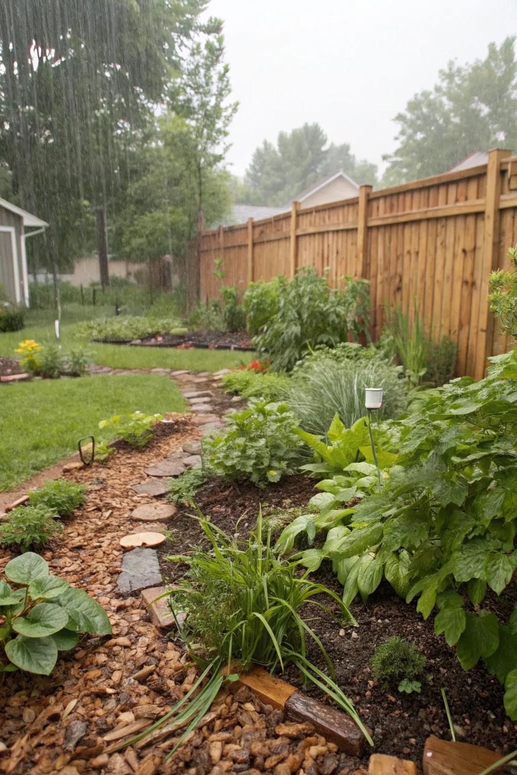 A functional rain garden enhanced with wood chips.