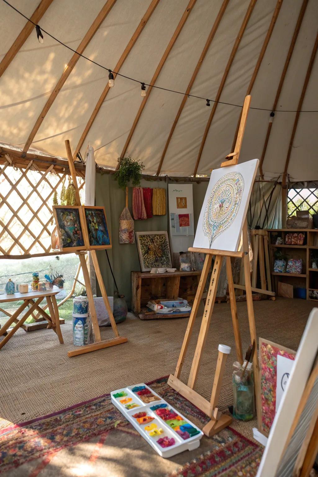 A yurt transformed into a vibrant art studio.