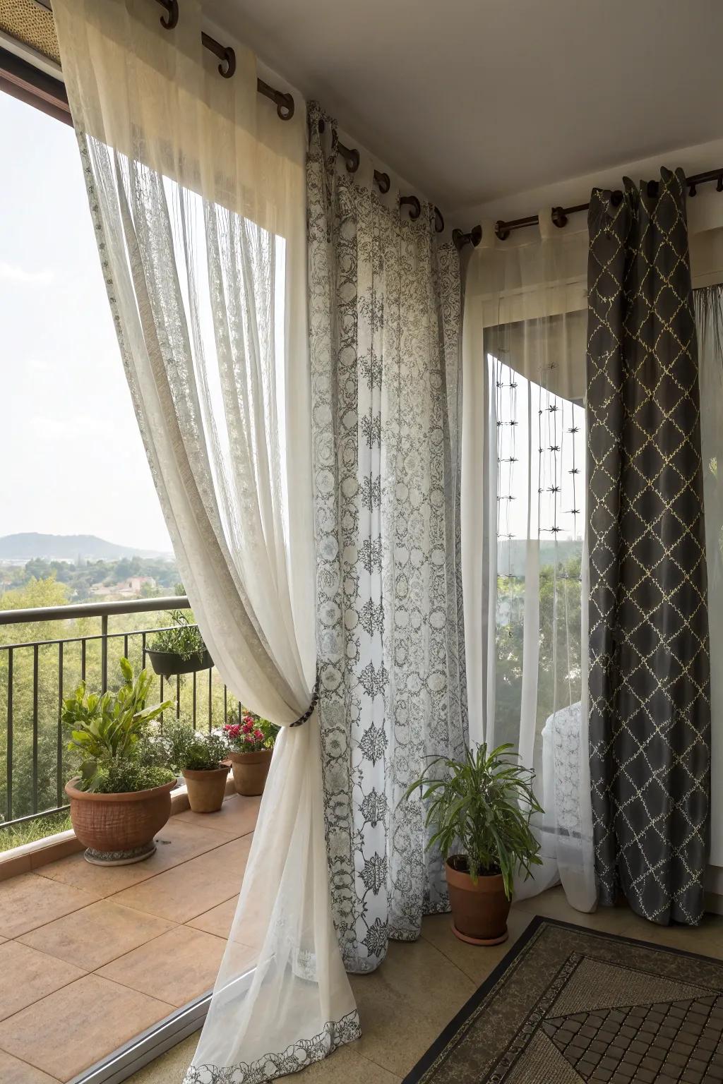 Layered curtains offer versatility in privacy and style.