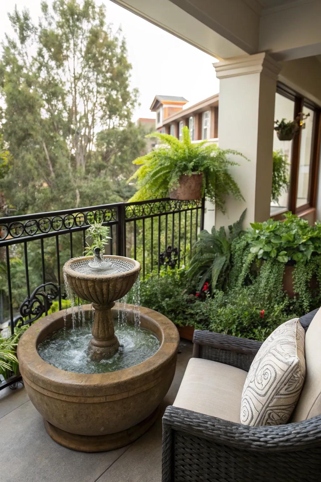 A small fountain brings tranquility to your balcony.