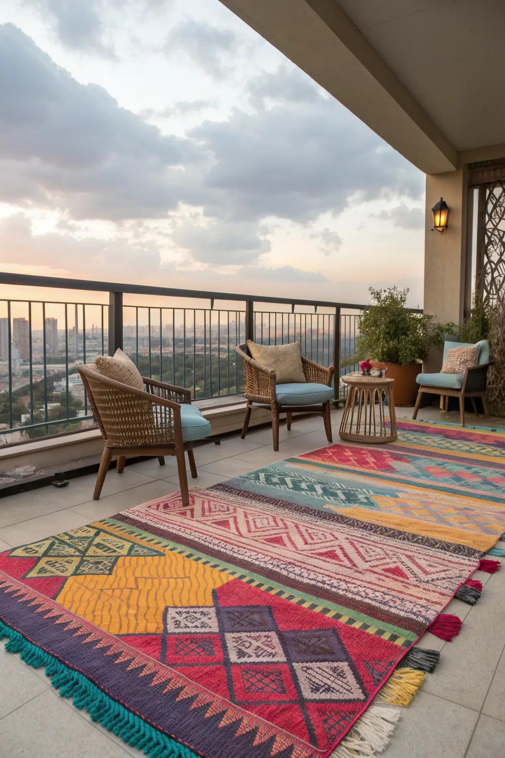 Outdoor rugs define spaces and add comfort to balcony settings.