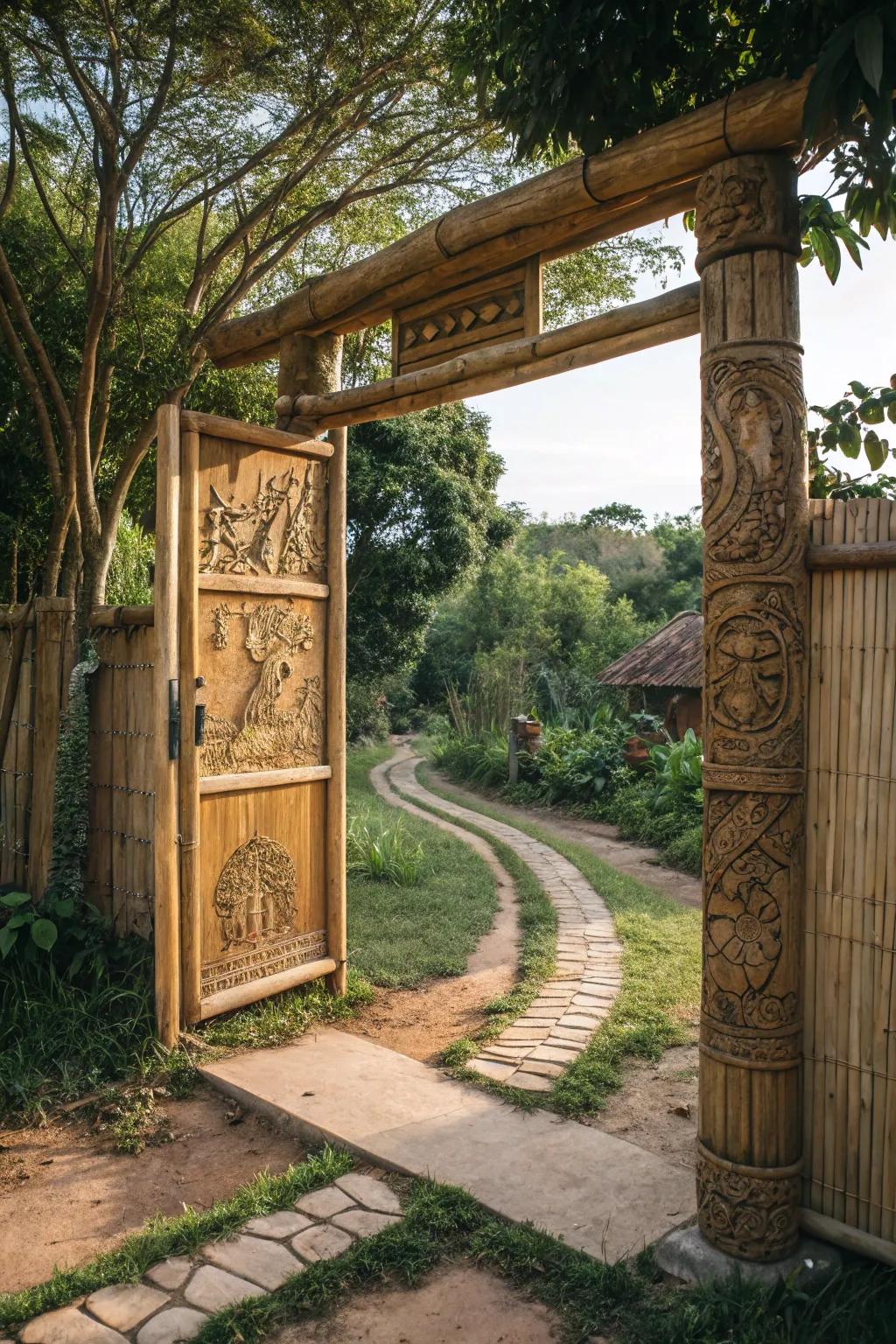 An artistic bamboo gate with unique hand-carved details.