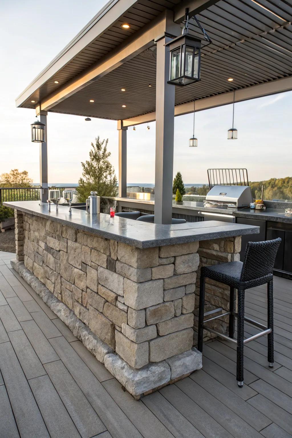 A stone and steel bar that marries rustic and modern aesthetics.