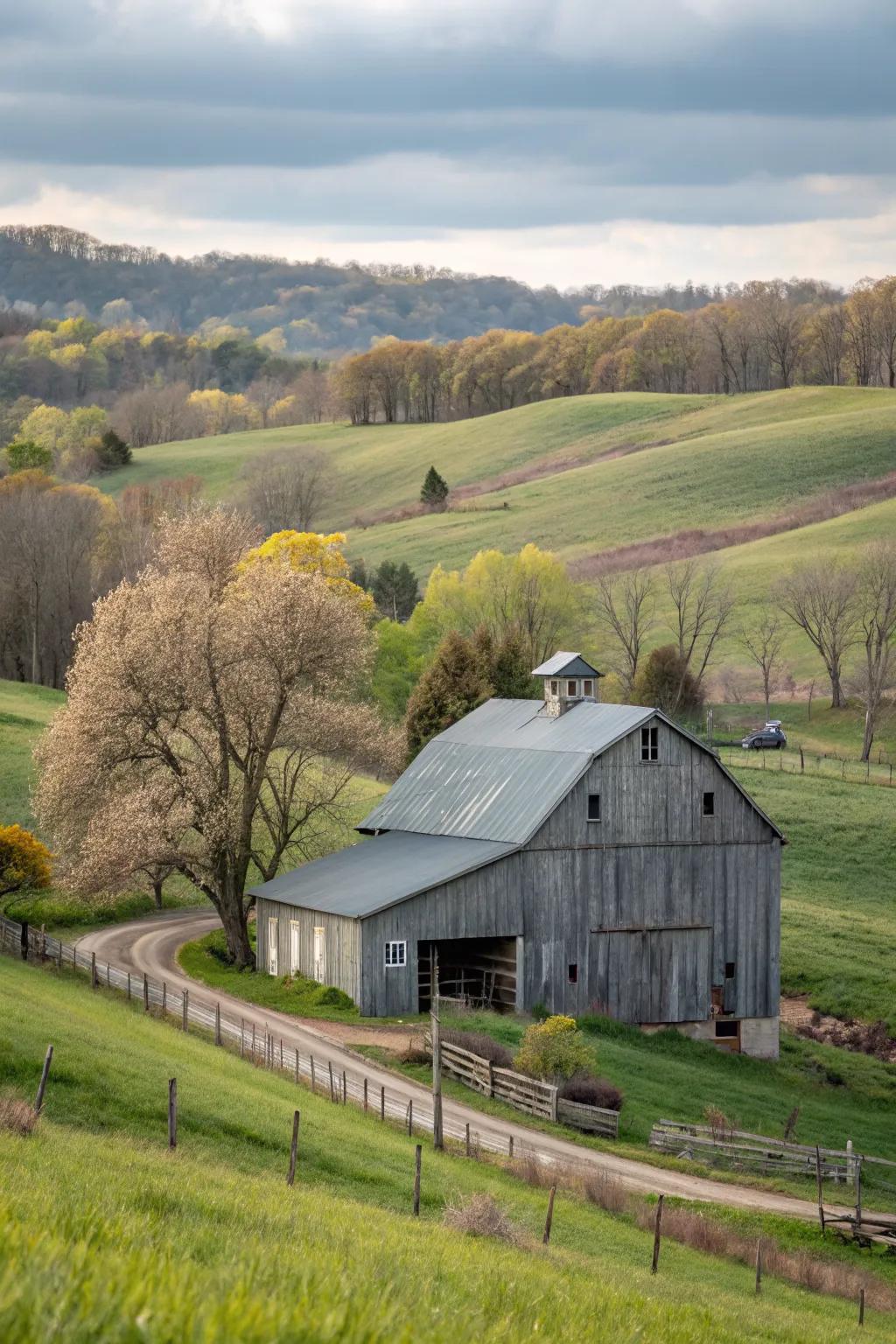 A slate gray barn that offers timeless sophistication.