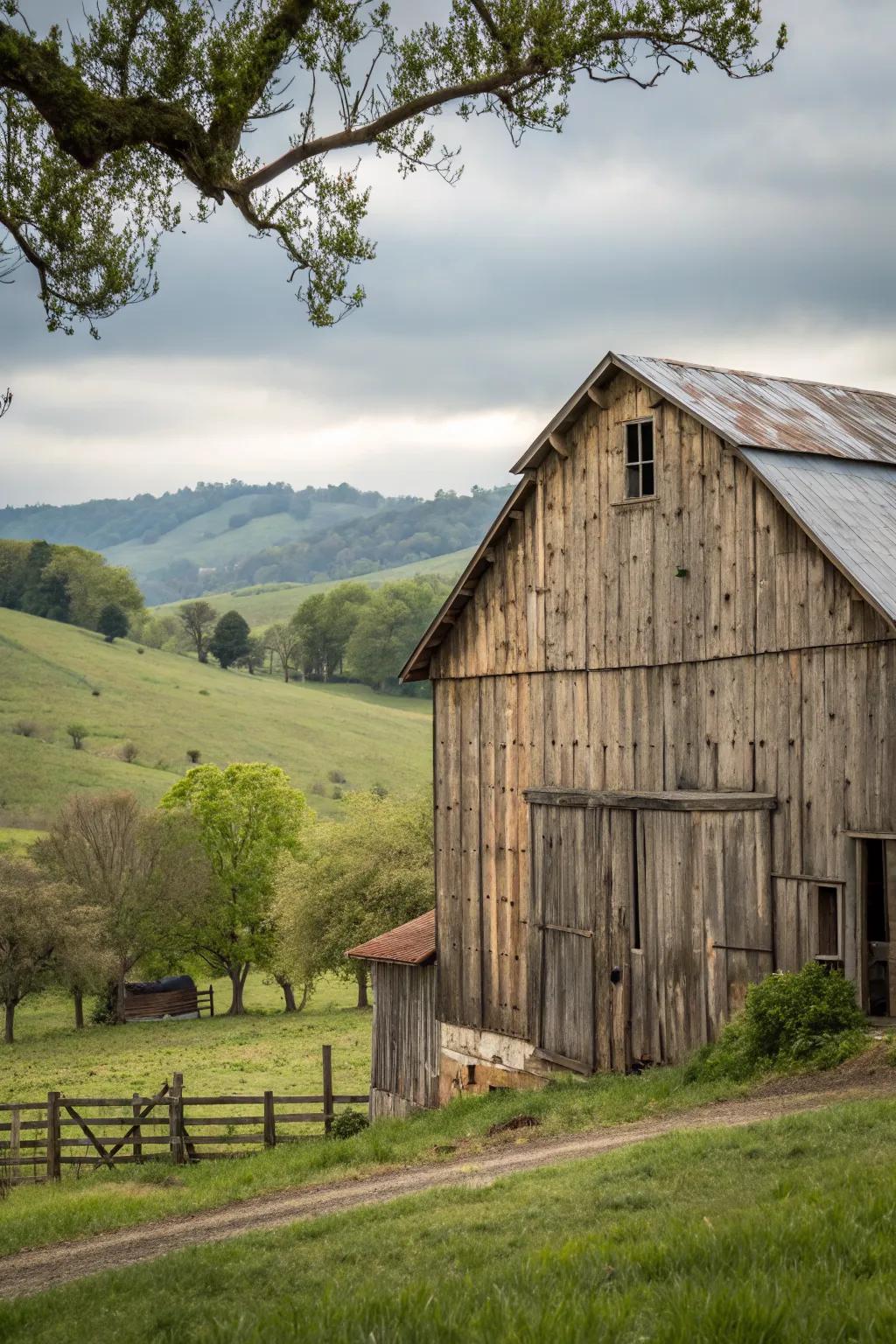 A barn that showcases sustainability through the use of reclaimed materials.
