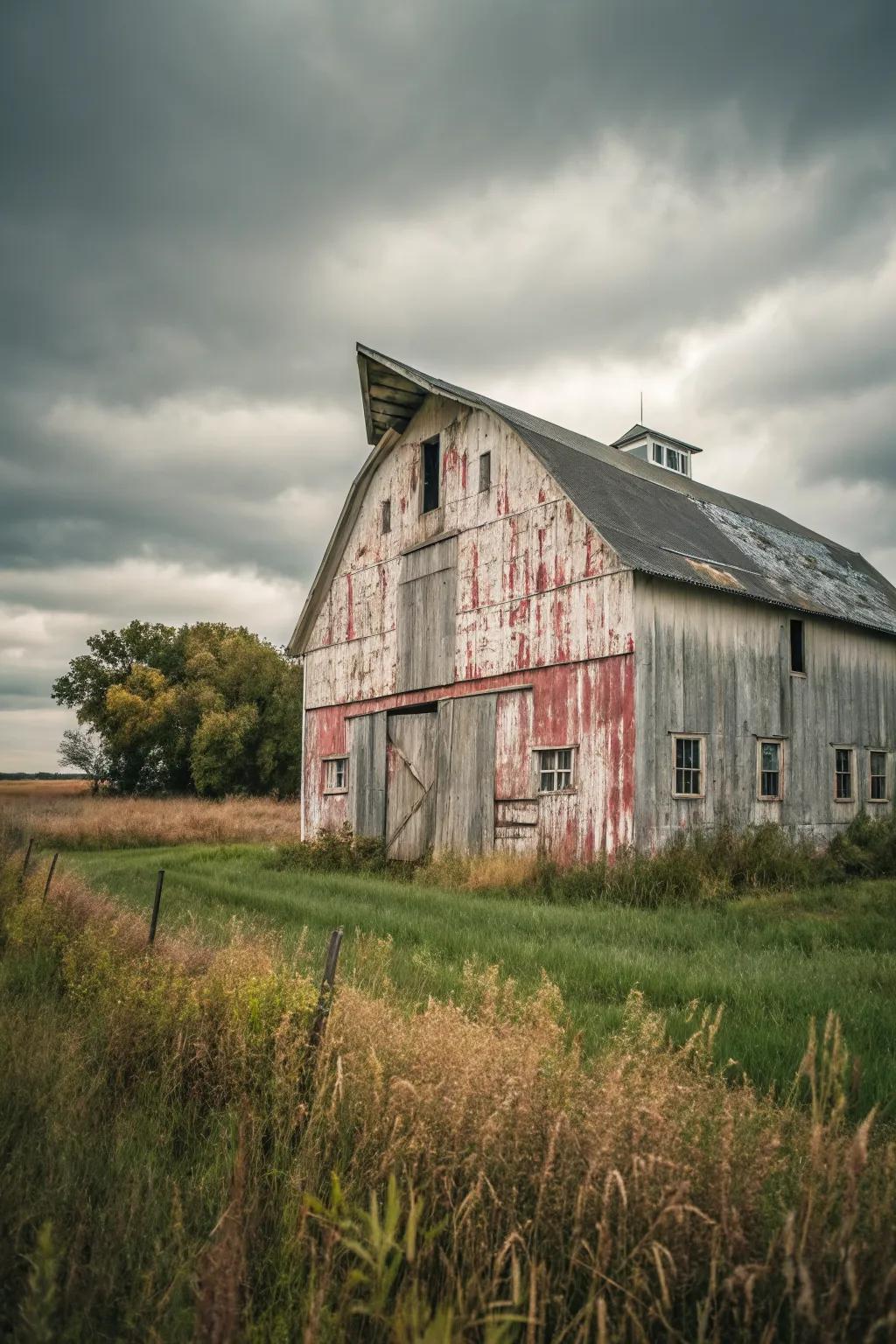A vintage distressed barn with faded paint, evoking nostalgia in a rural backdrop.