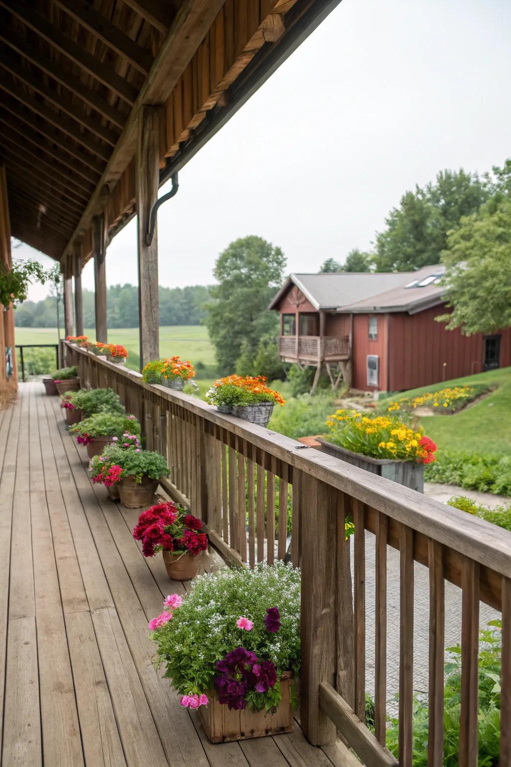 Built-in planters along the railing of a barn porch, adding greenery and style.