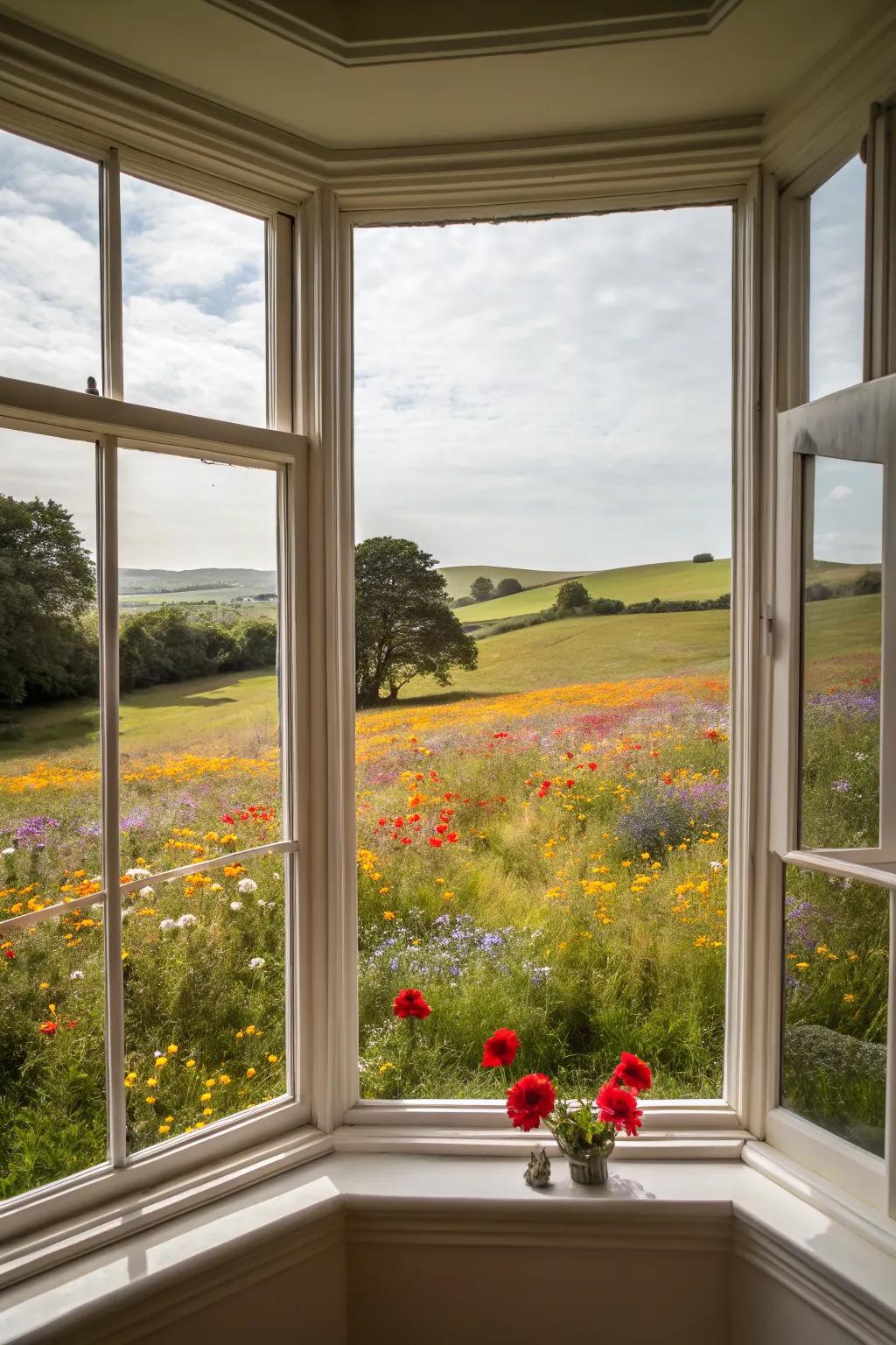Wildflower meadows offer a colorful, natural backdrop for bay windows.