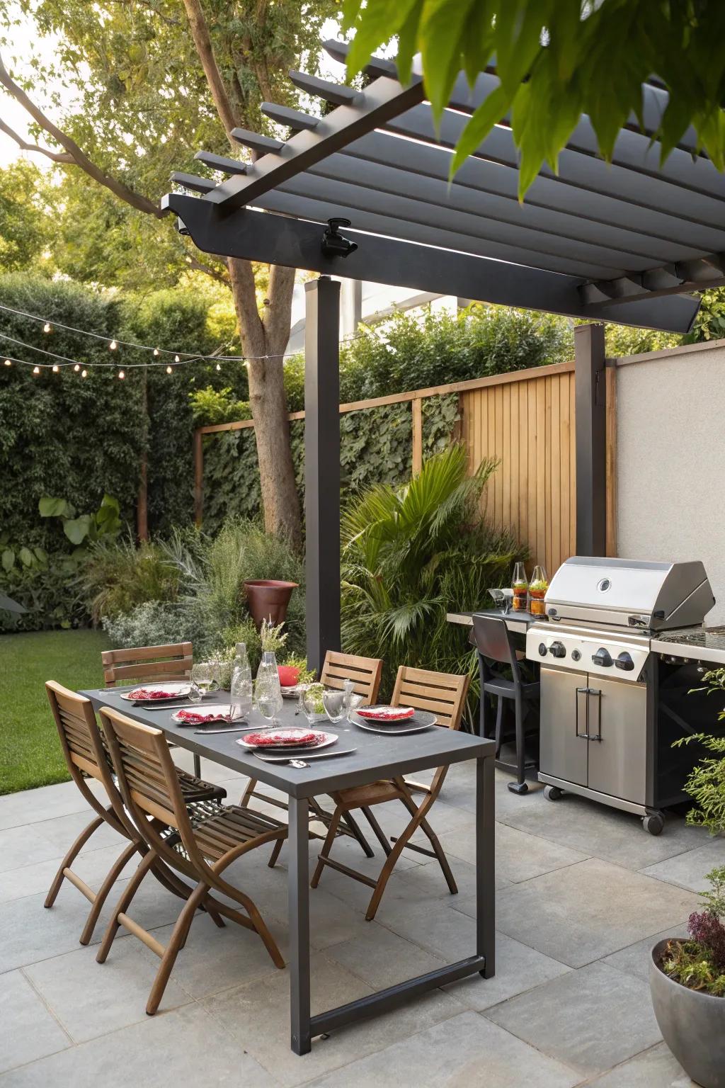 An outdoor dining area under a pergola is perfect for entertaining.