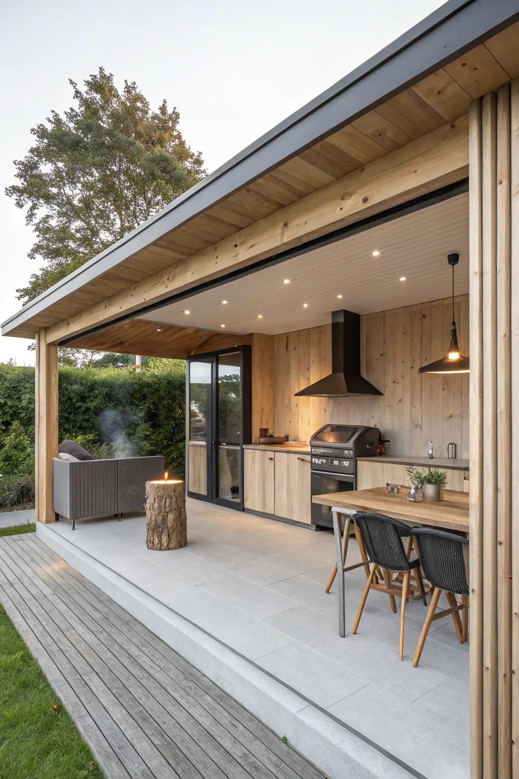 Simplicity and elegance define a Scandinavian minimalist BBQ shelter.
