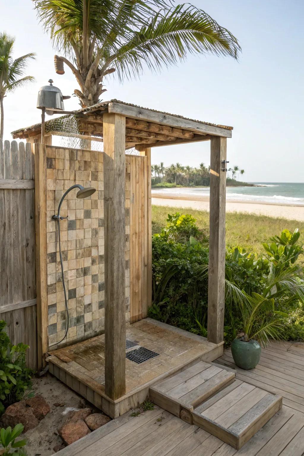 Eco-friendly materials enhance the sustainability and beauty of this outdoor shower.