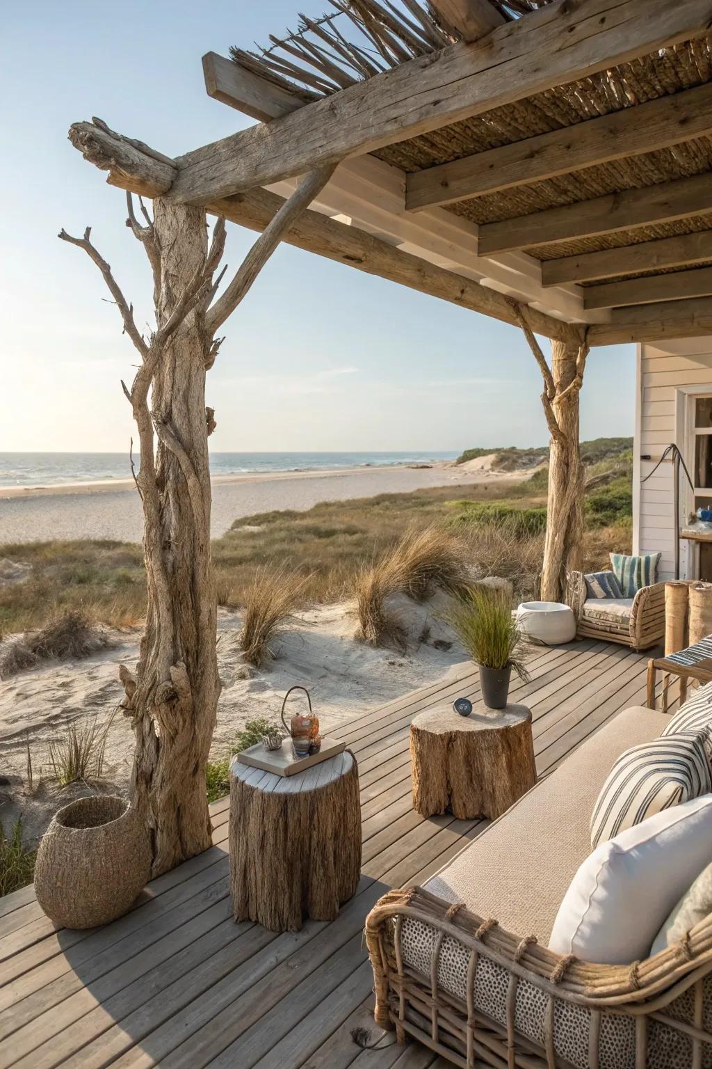 Driftwood accents providing a rugged charm to a beach house patio.