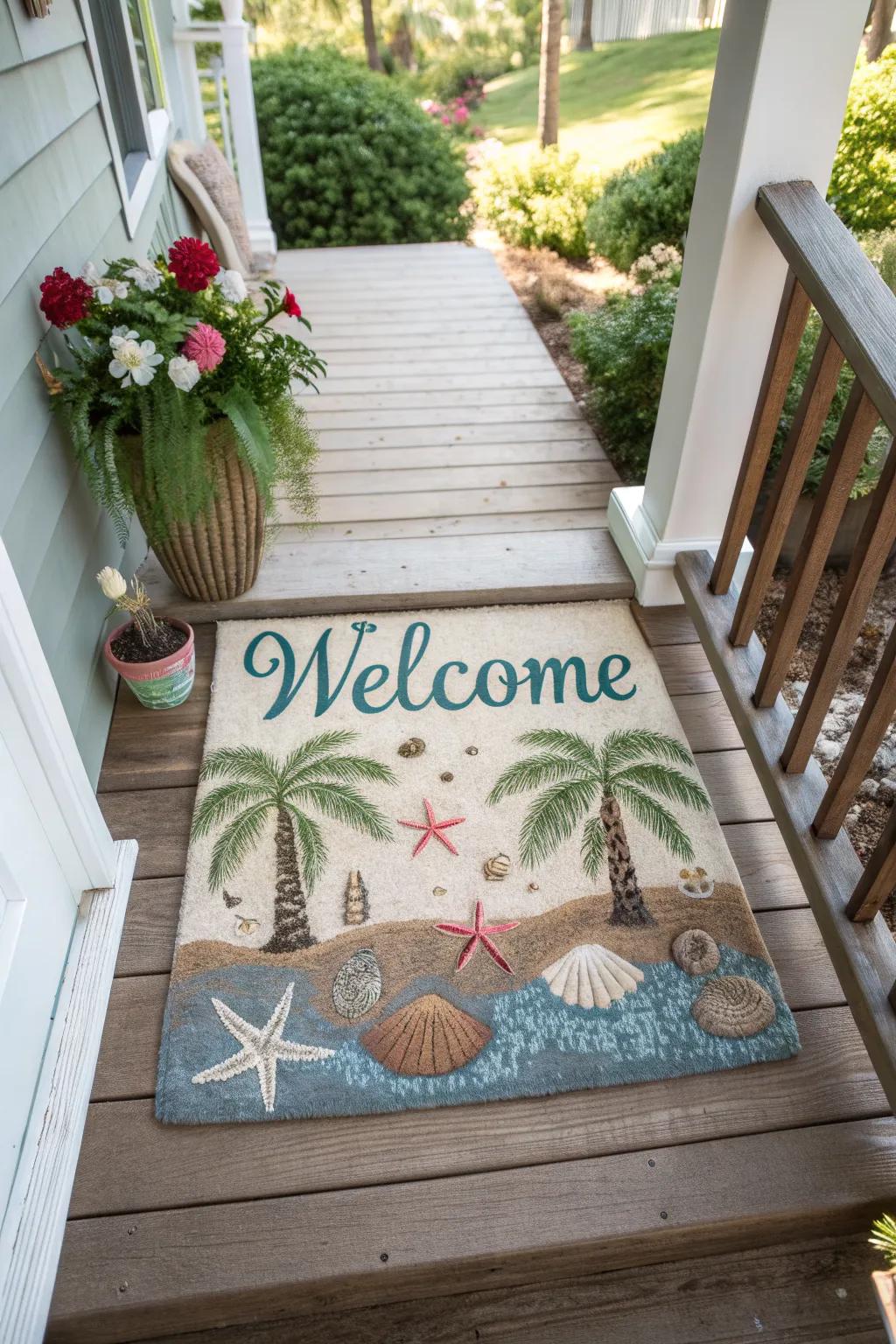A beachy welcome mat adds a welcoming touch.