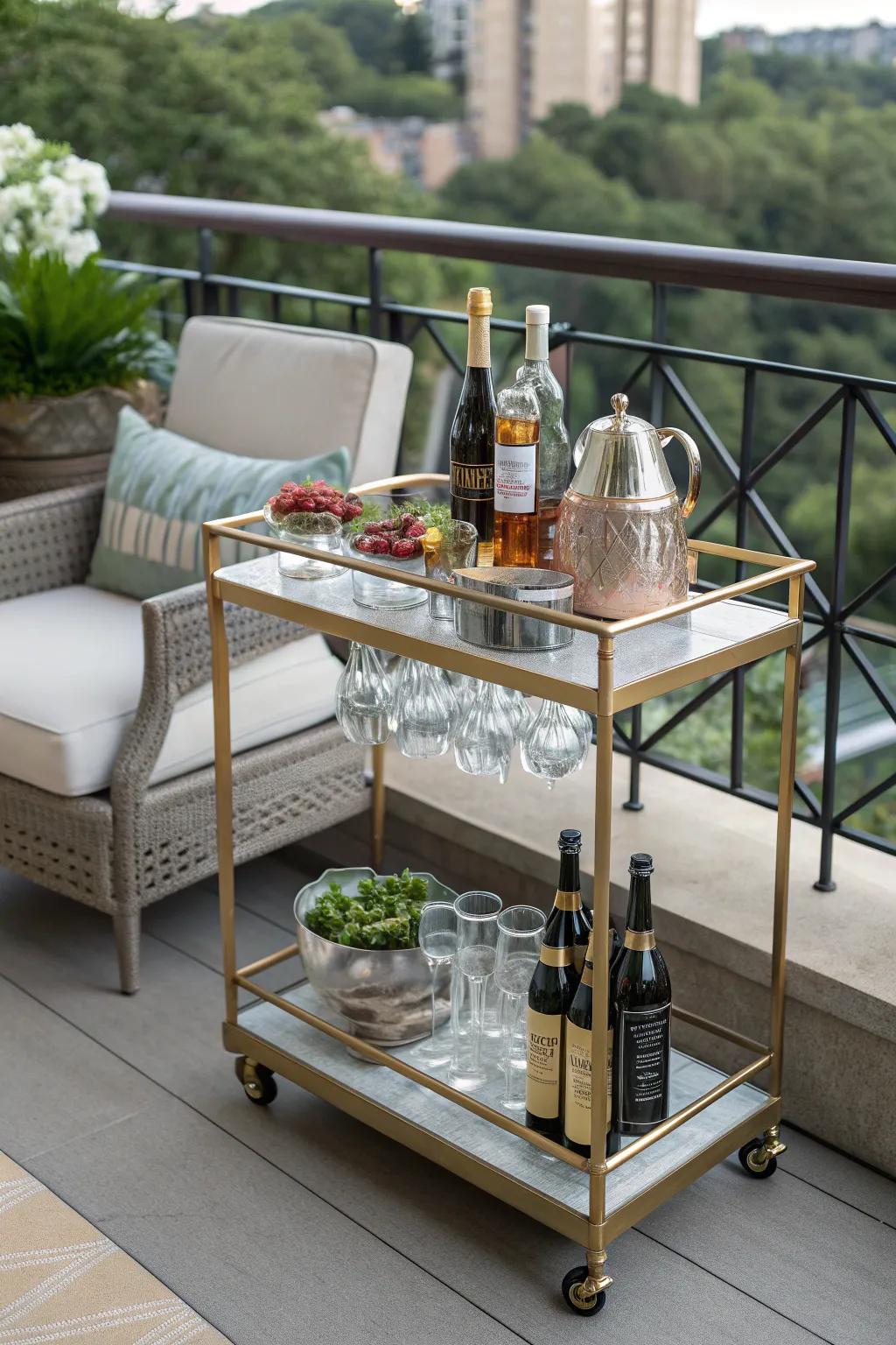 A bar cart keeps your balcony ready for spontaneous gatherings.