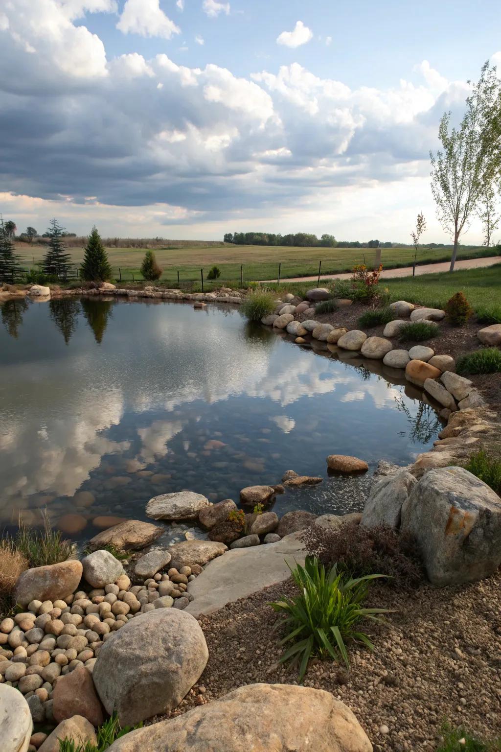 A rock garden adds texture and visual interest around the pond.