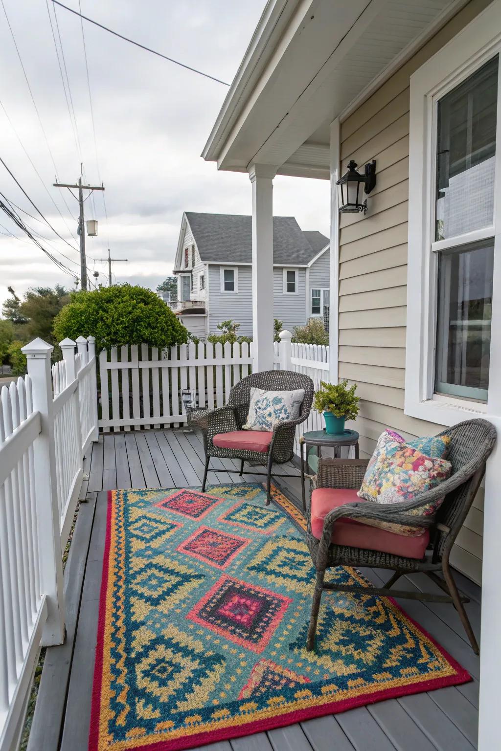 An outdoor rug adding style and definition to the porch.