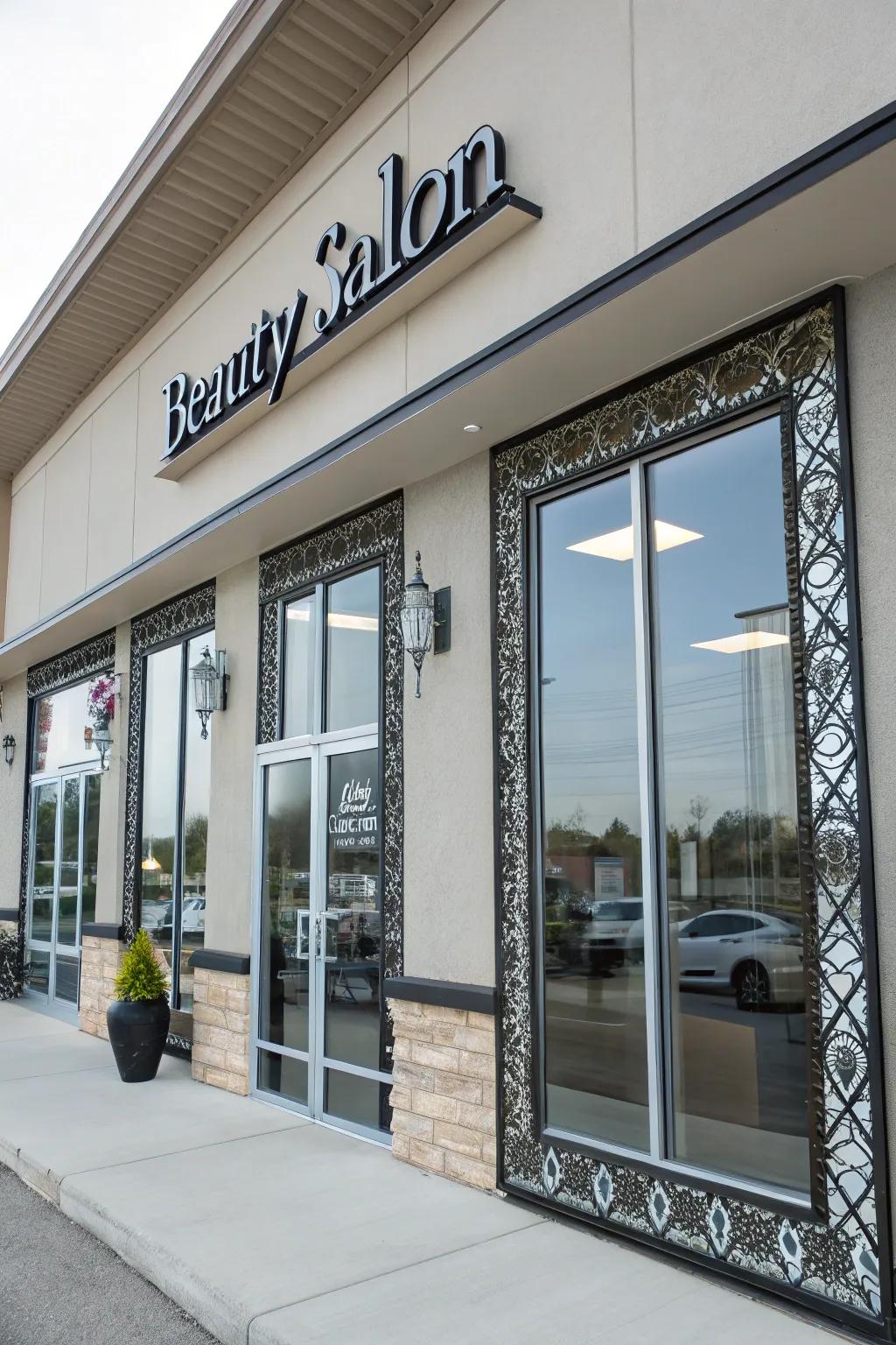 A beauty salon exterior enhanced with decorative mirror accents.
