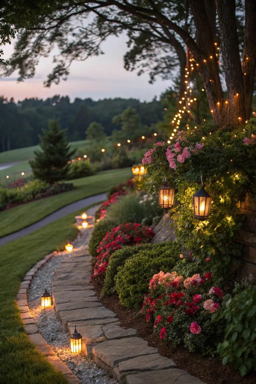 Solar lights accentuating a garden berm's beauty at night.