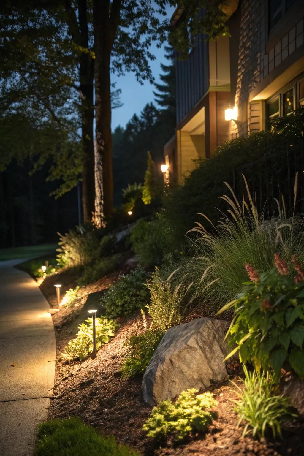 Subtle lighting creates a magical nighttime ambiance on this beautifully designed berm.