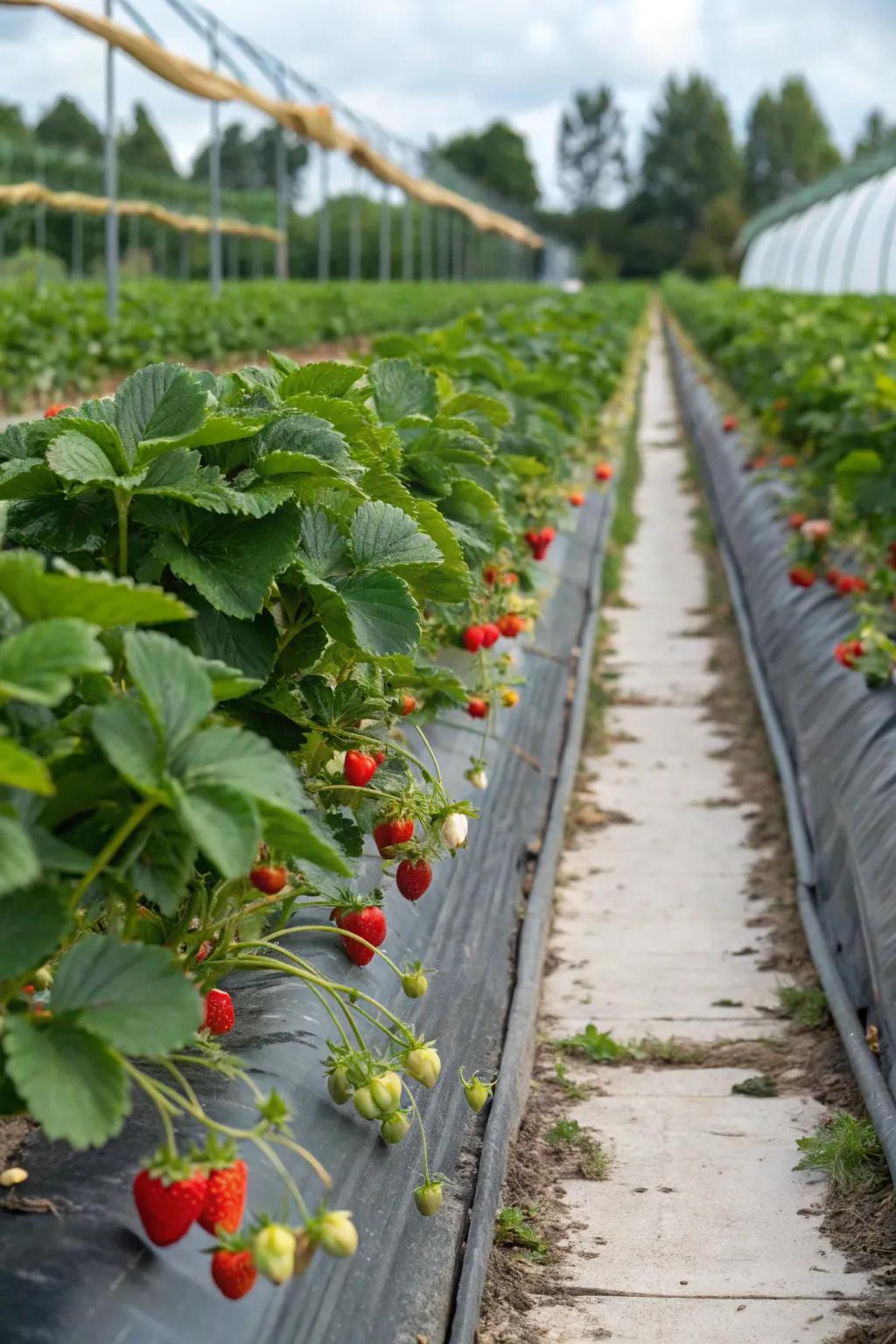 A 'Strawberry Fields' themed garden with rows of thriving strawberry plants.