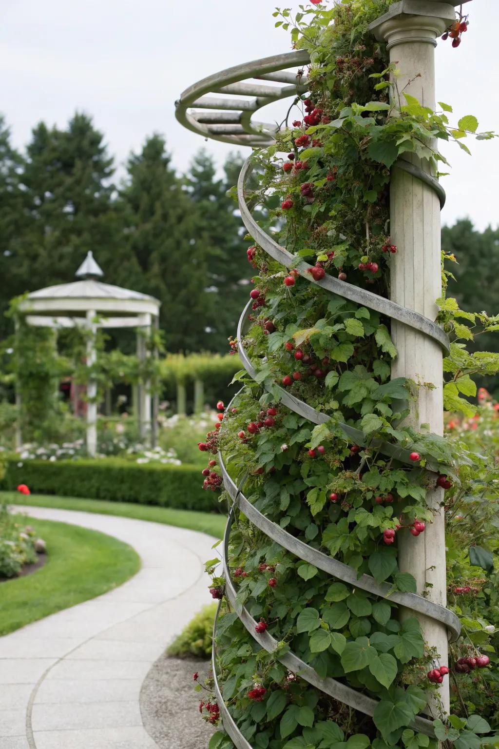 Spiral trellis offers a unique vertical gardening solution.