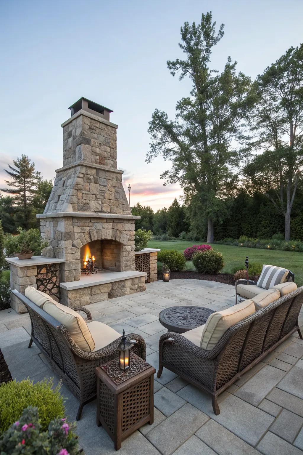 A rustic stone fireplace creates a cozy outdoor gathering spot.