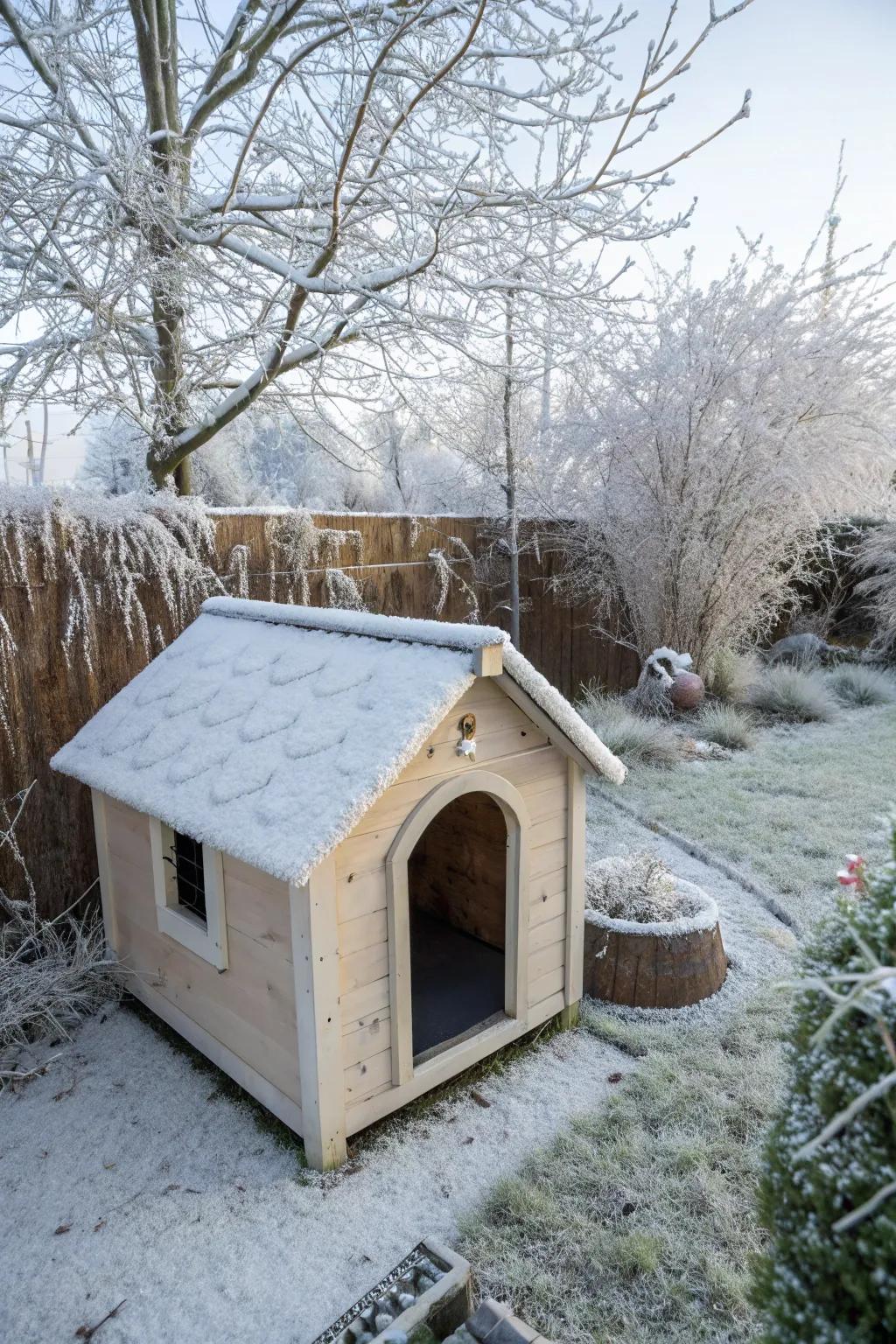 An insulated dog house, perfect for keeping warm in winter.