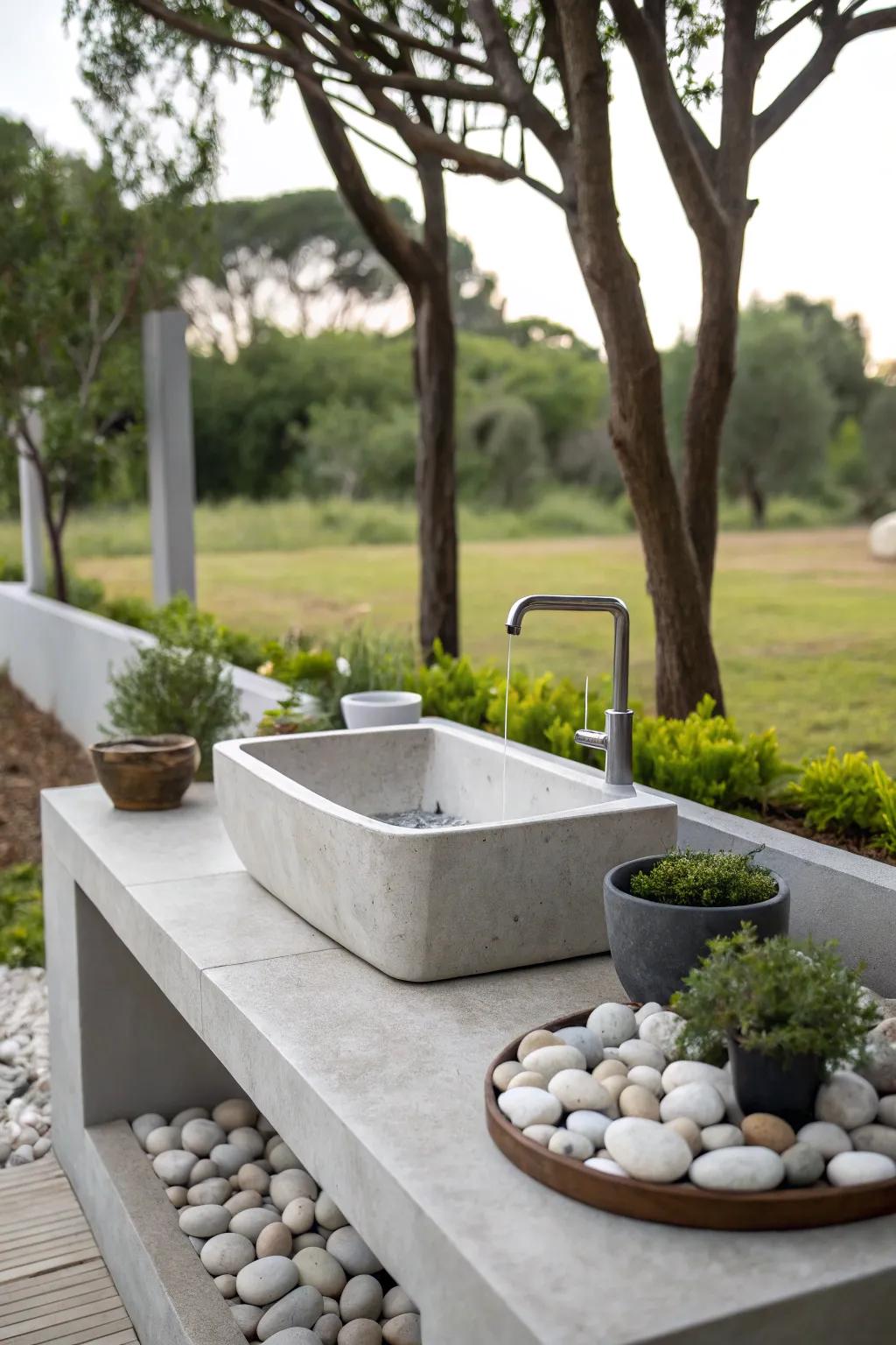 Concrete sinks offer a contemporary and durable solution for outdoor spaces.