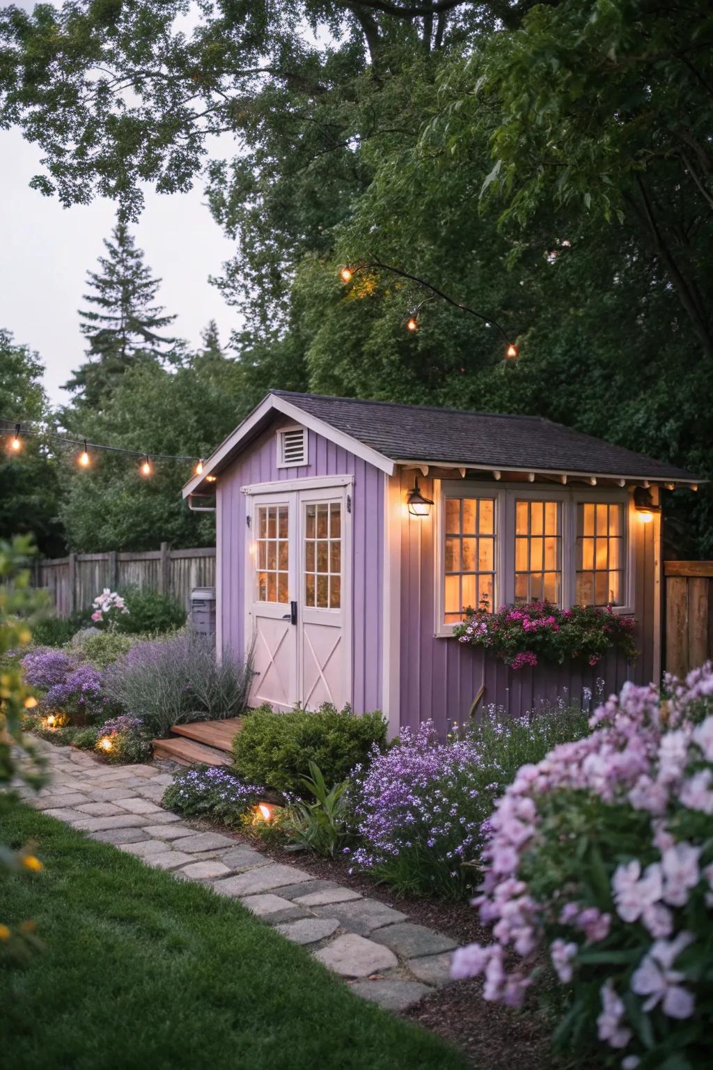Lavender stain brings a serene, calming touch to garden sheds.