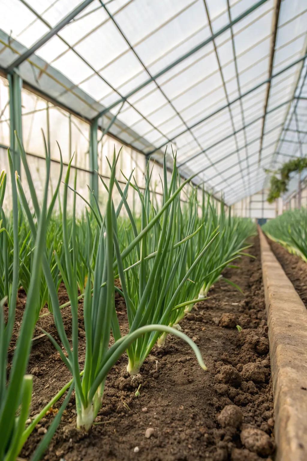 Robust onions thriving in a greenhouse, ready to add flavor to your dishes.