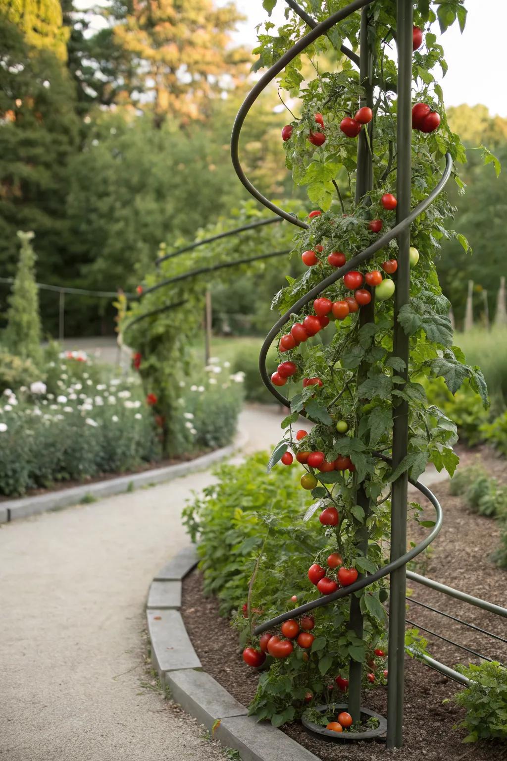 Spiral metal trellis combines modern design with strong plant support.