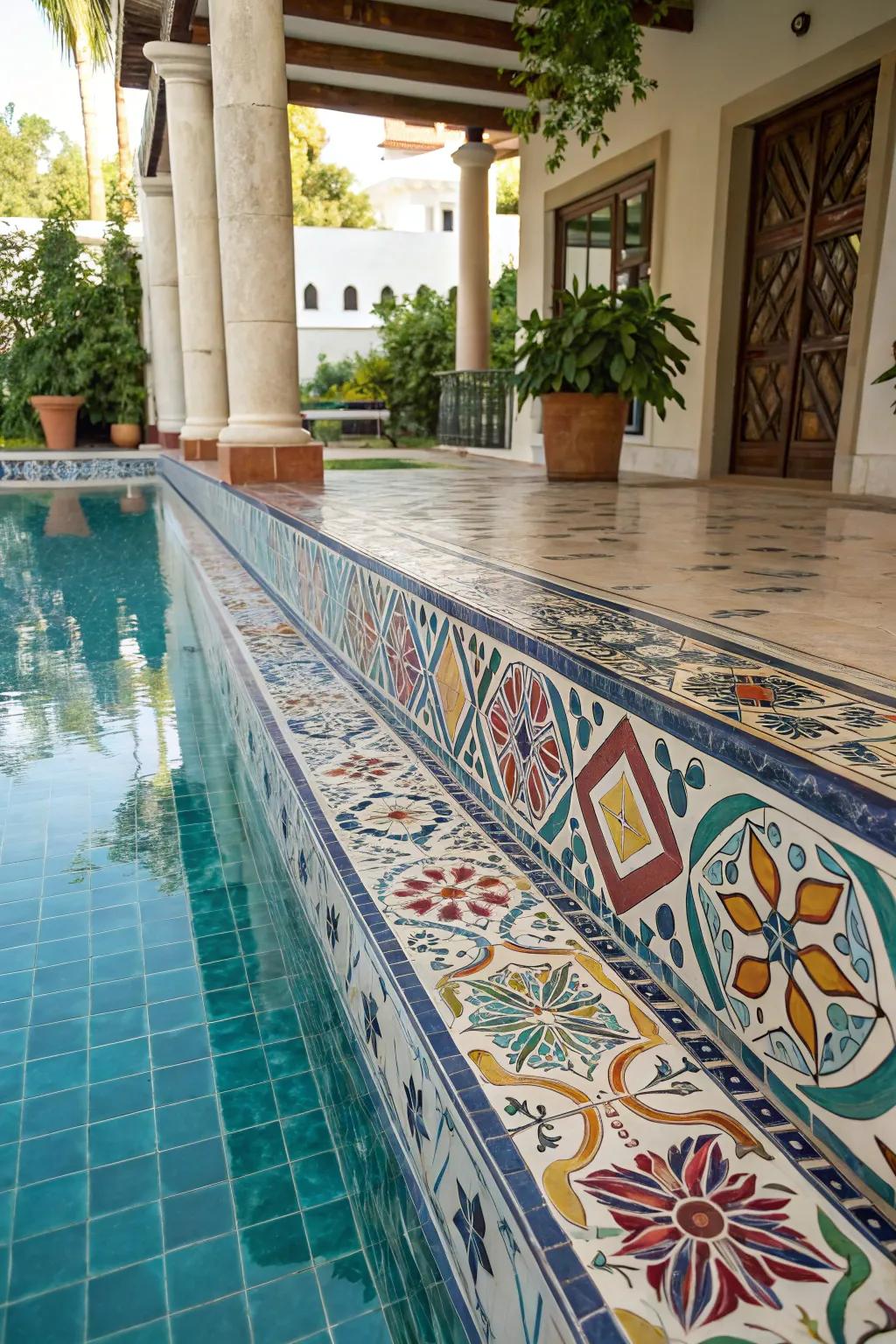 Add personality to your pool with artistic tile designs.