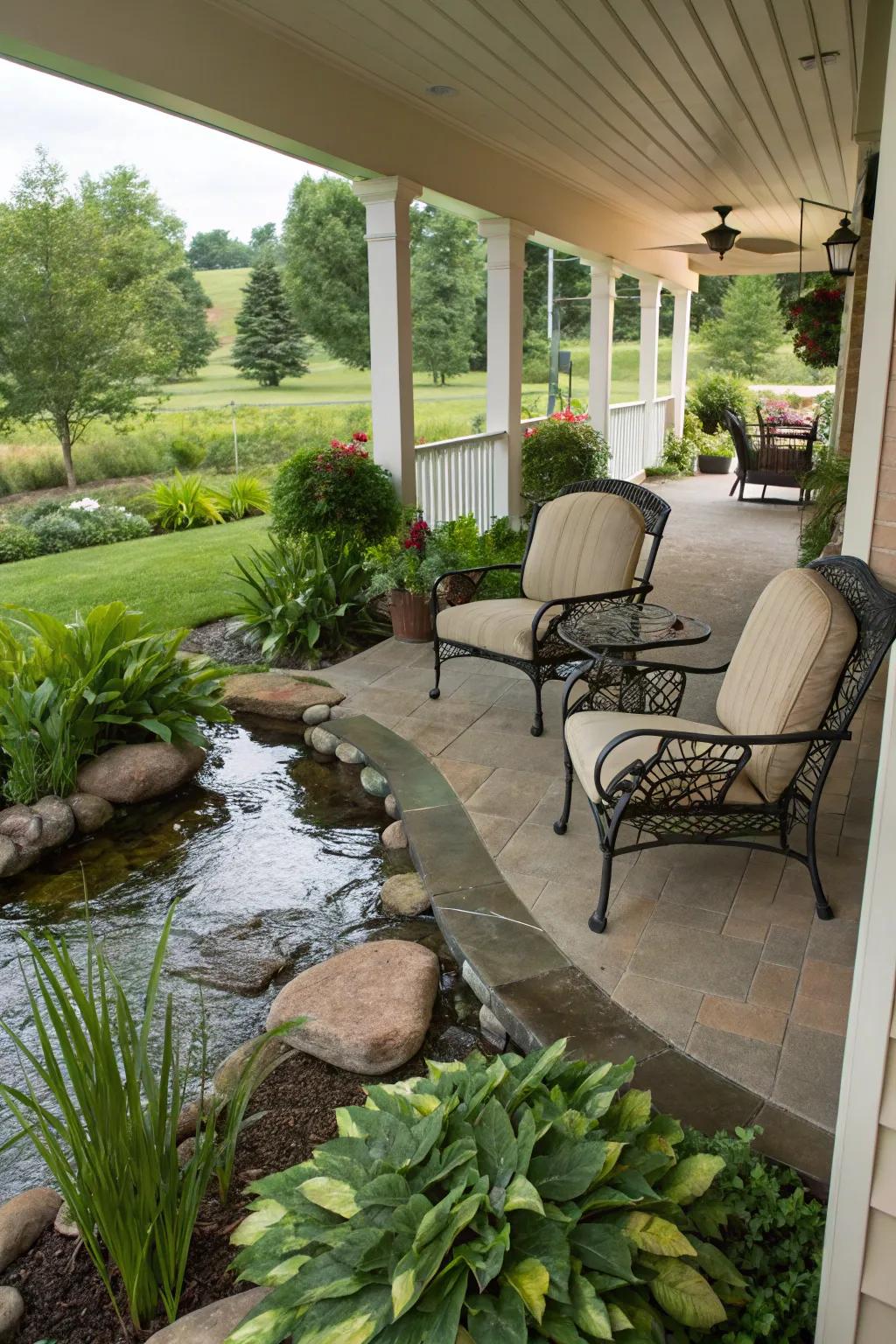 A water feature brings tranquility to your porch.