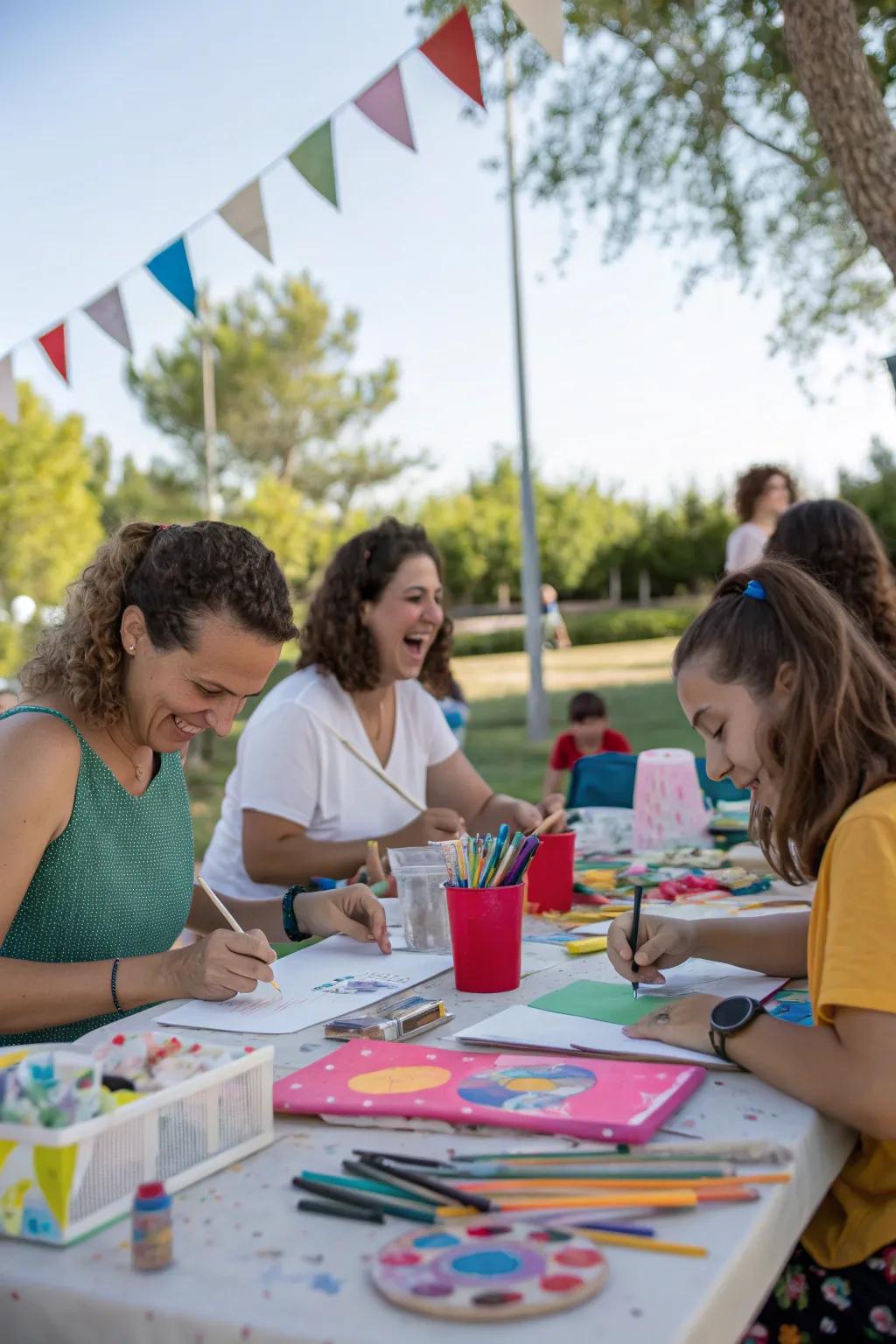 A craft corner at a picnic where guests create personalized mementos.