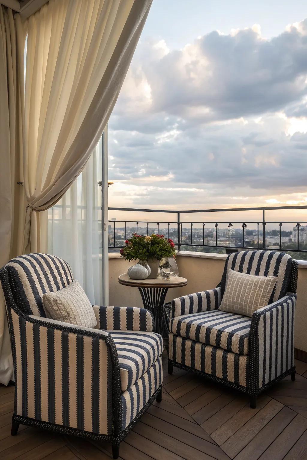 A stylish escape on a small balcony with striped furniture.