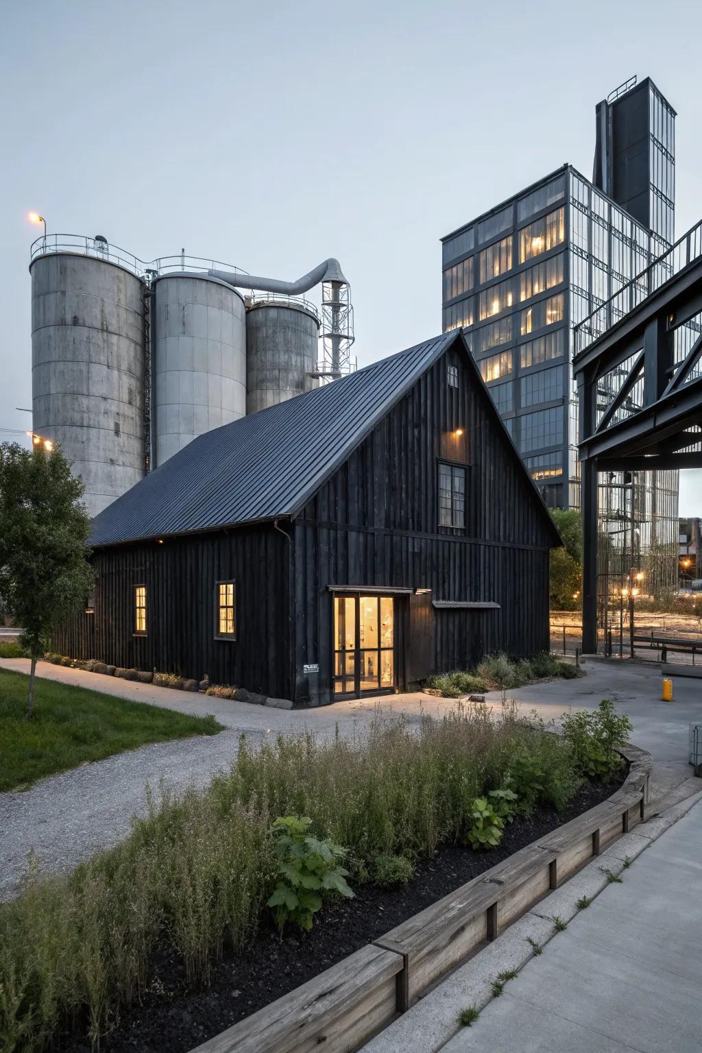 A black barn with industrial steel and concrete elements.