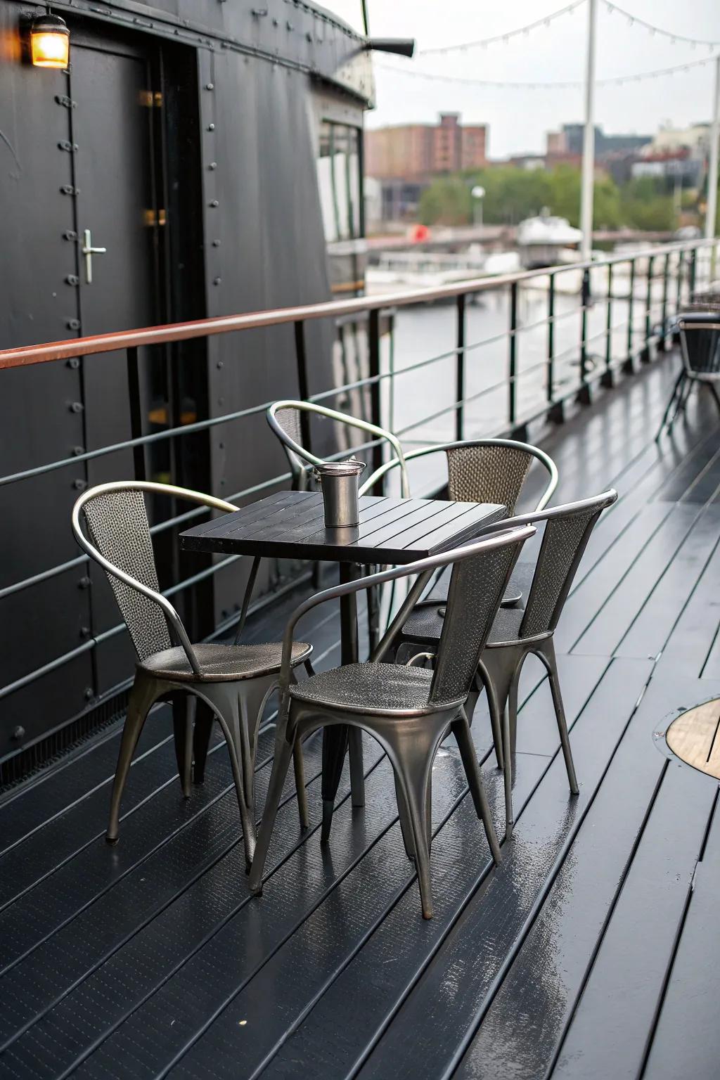 Add an industrial edge with metal elements on your black deck.