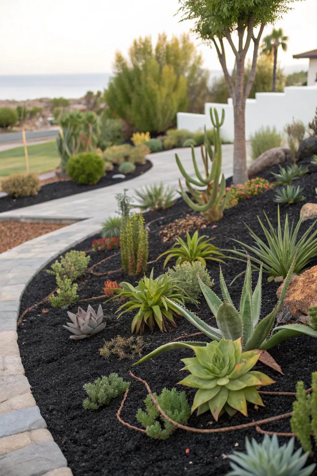 Xeriscape garden design with black mulch and drought-resistant plants.