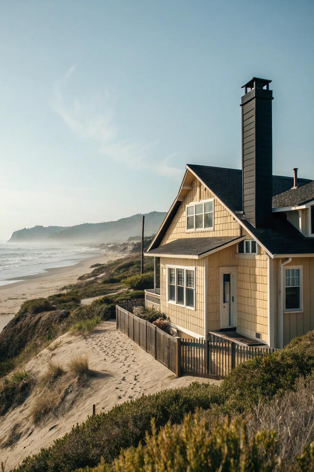 A black chimney complements the coastal charm of this home.