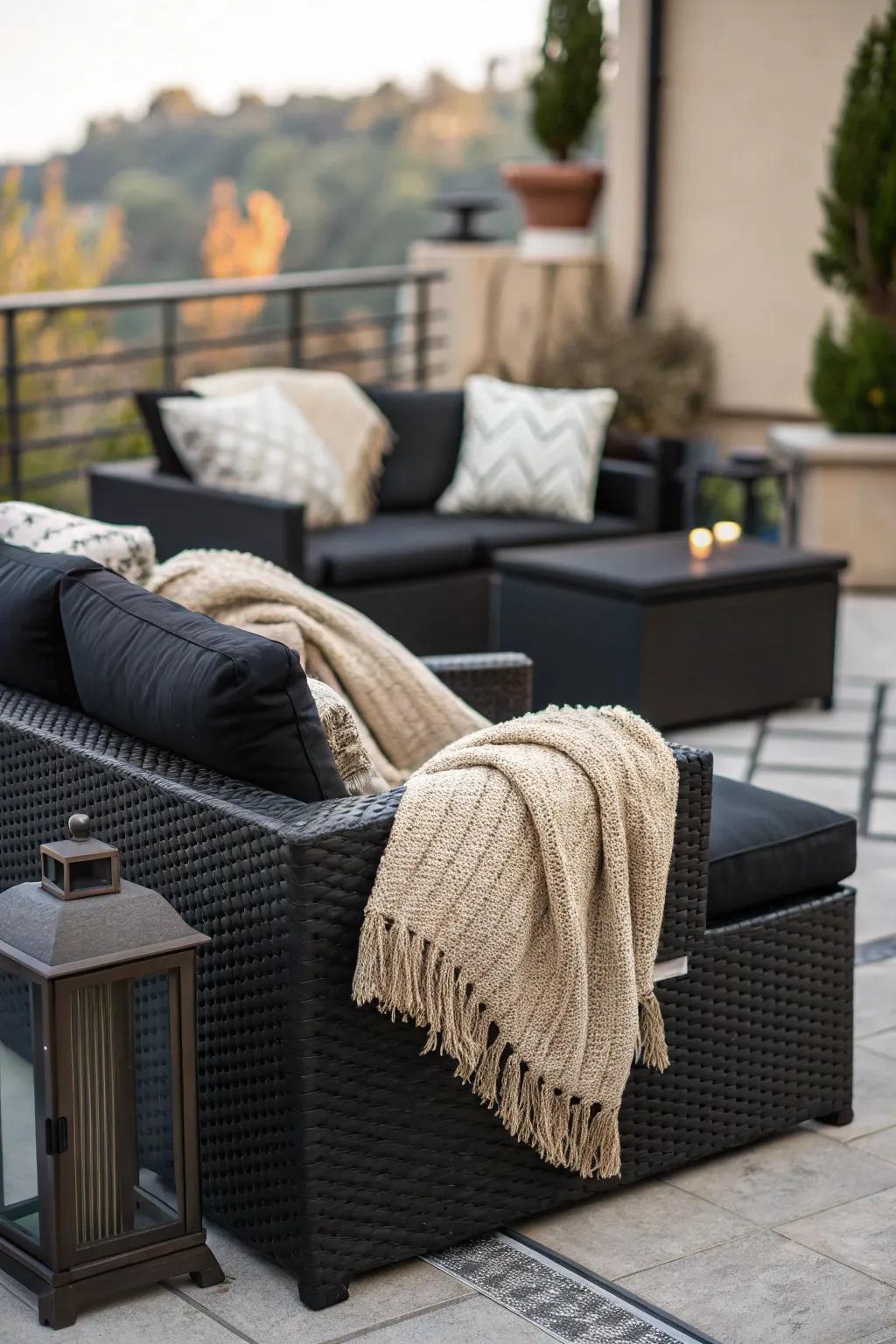 Textured throws enhance comfort and style on a black patio.