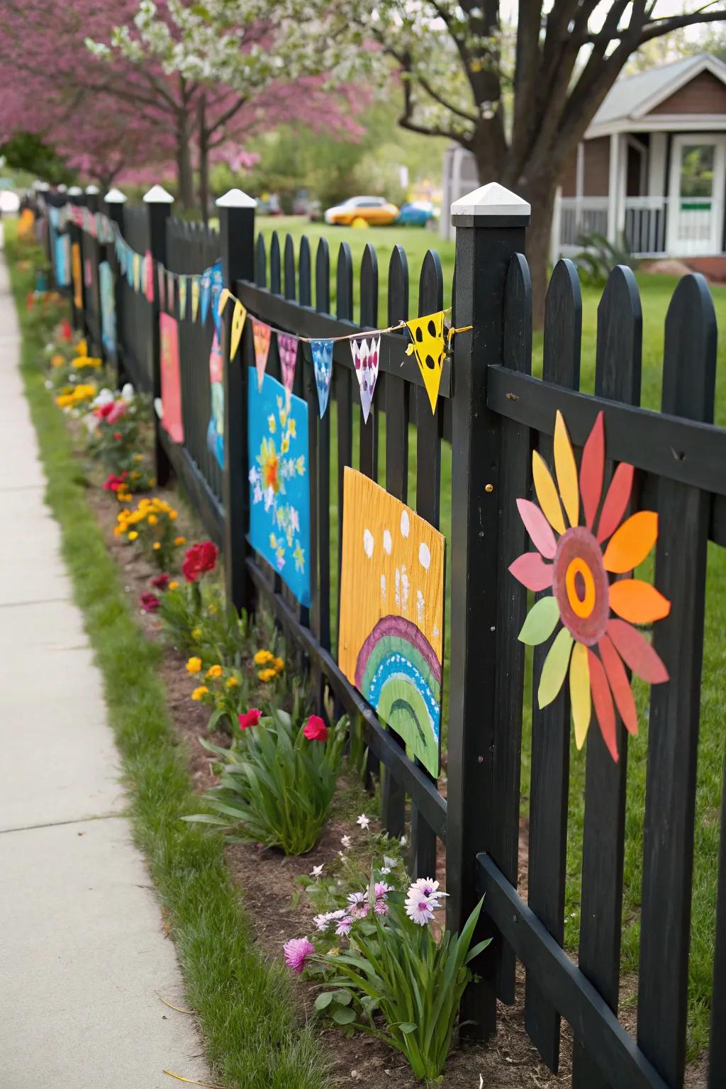 A black fence provides a striking backdrop for art.