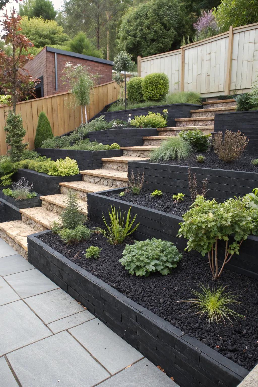 A stunning terraced garden using black rubber mulch.