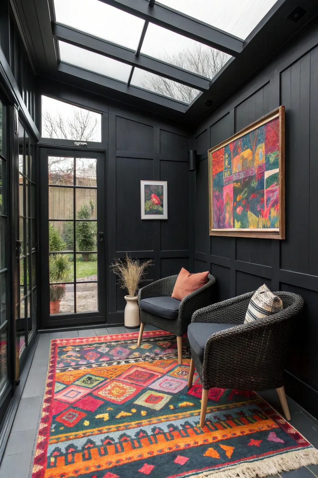 Unexpected pops of color add playful surprises to a sophisticated black sunroom.