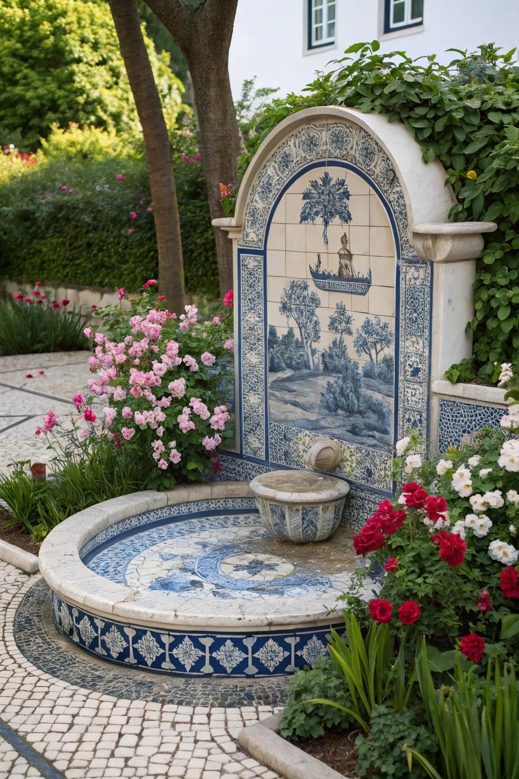 Unique mosaic art in blue and white