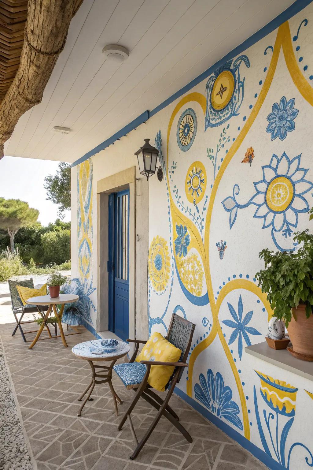 Whimsical wall art adding personality to the patio.